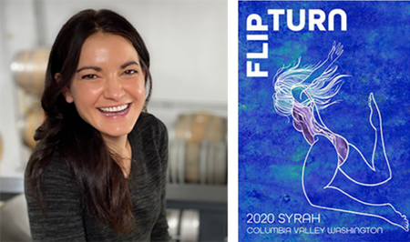 Phooto of Meg Rulli and Flip Turn Syrah Label